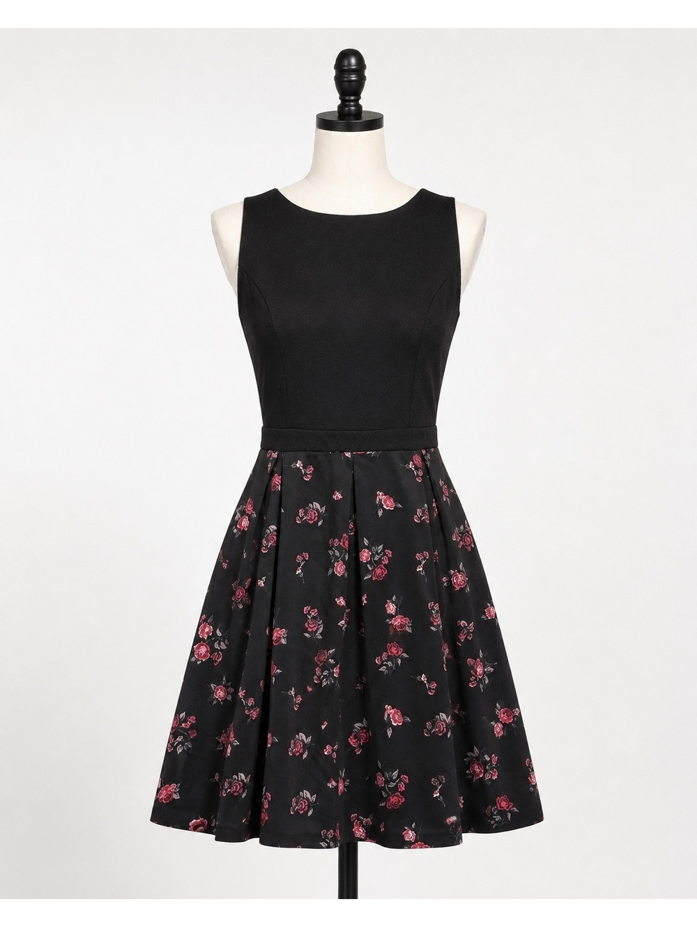 Xhilaration L Black Pink Rose Floral Fit & Flare Dress Exposed Back Zip